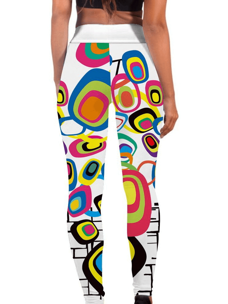 Colorful seamless women's workout leggings with unique pattern, perfect for yoga or running, crafted from stretchy polyester spandex blend.
